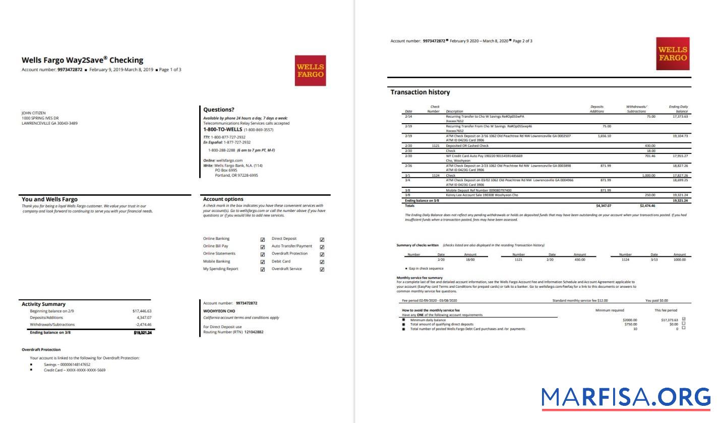 Blank USA Wells Fargo bank statement word 3 pages template